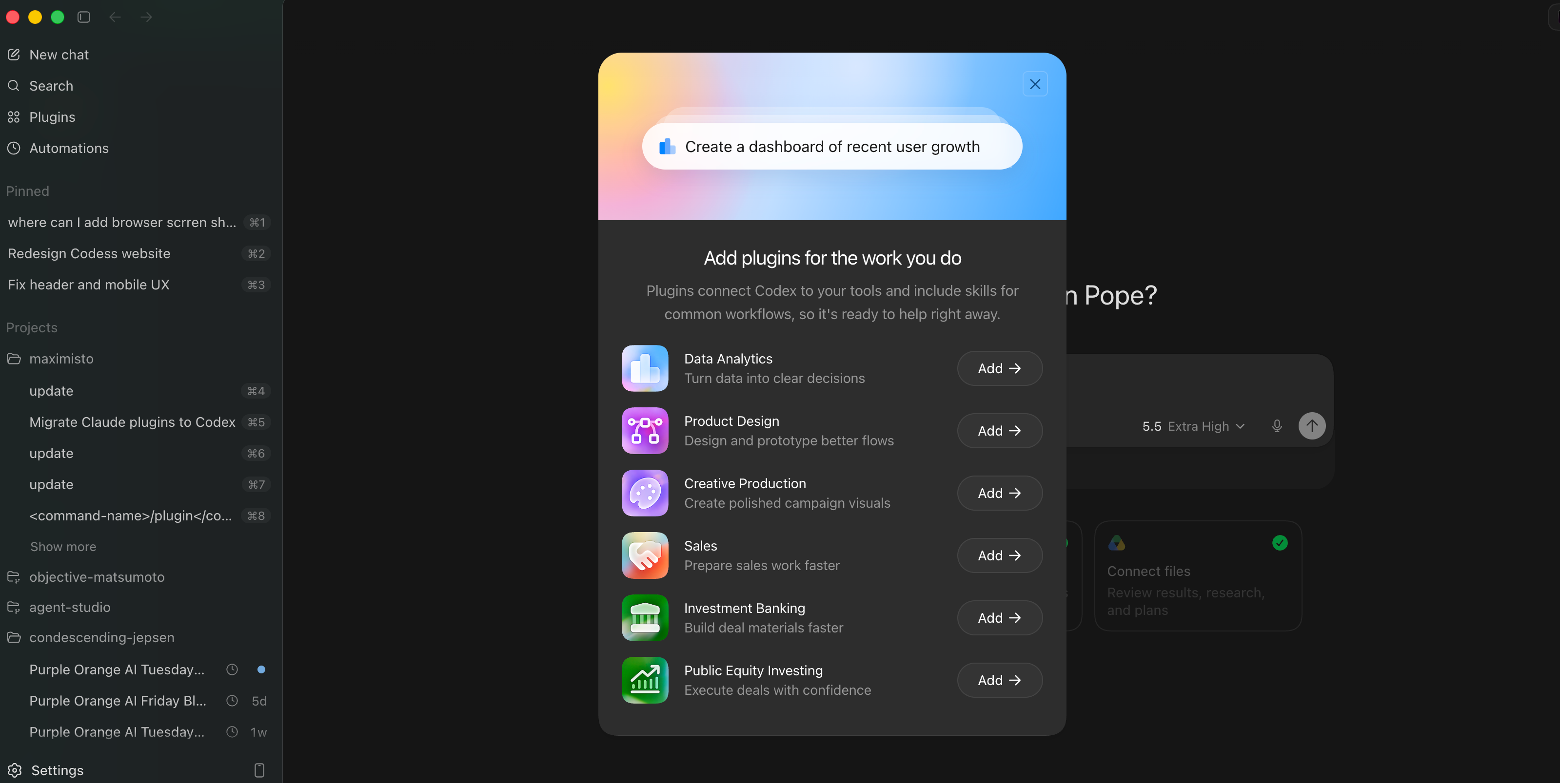 Codex plugin directory showing role-specific plugins for data analytics, product design, creative production, sales, investment banking, and public equity investing