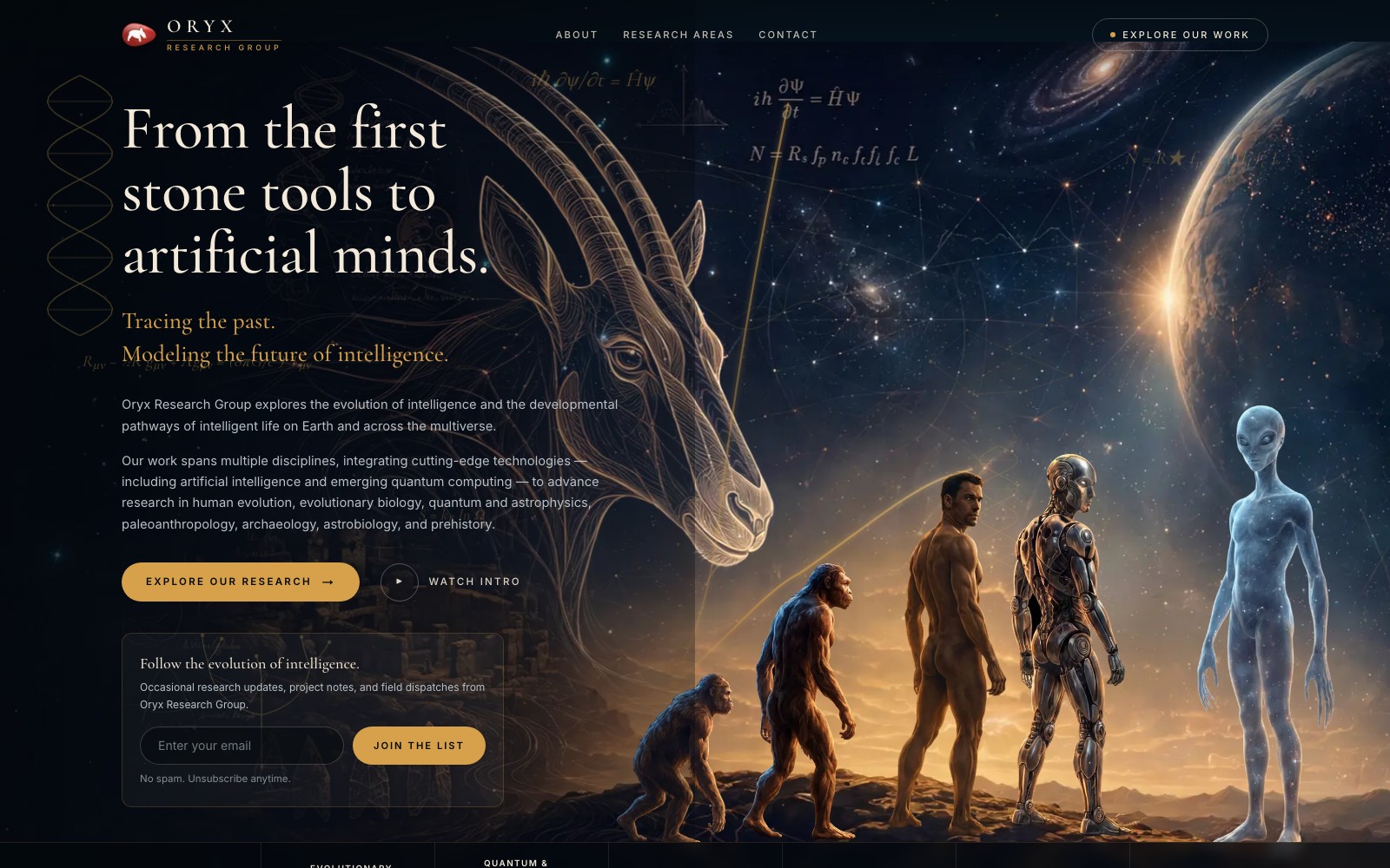 Oryx Research Group website showing its evolution of intelligence mission over a cosmic landscape with an oryx constellation.