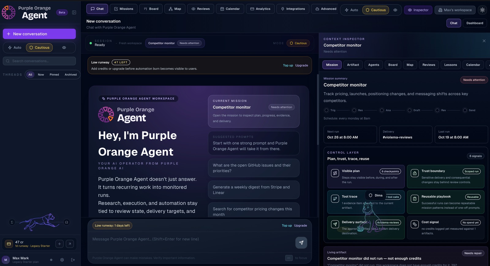 Purple Orange Agent workspace with a competitor-monitor mission marked Needs attention, its schedule, context inspector, and control layer.