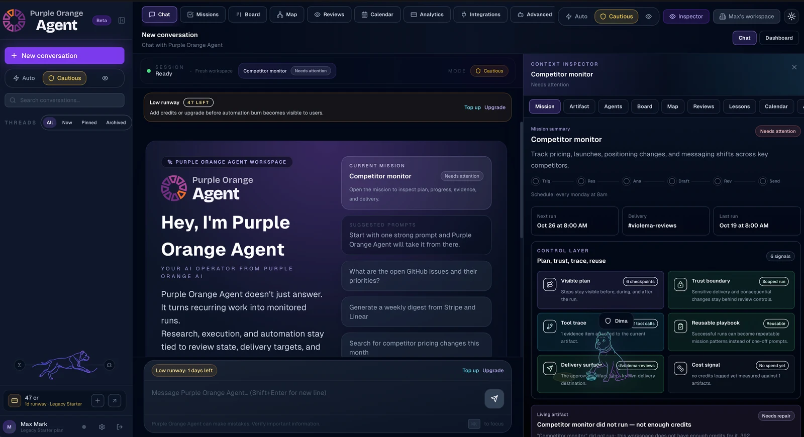Current Purple Orange Agent workspace showing a competitor-monitor mission, its schedule, context inspector, and control layer