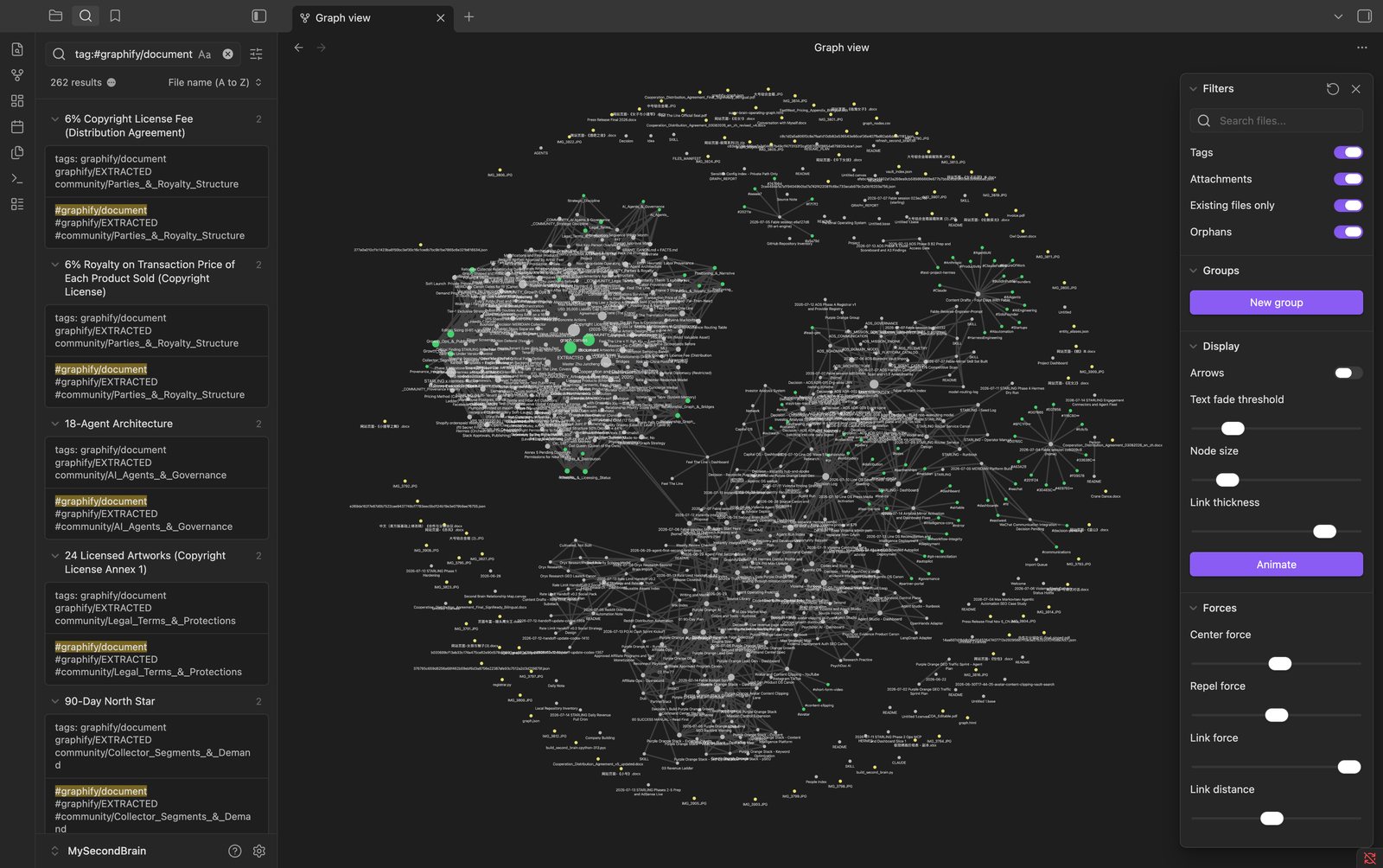 Obsidian graph view of the Graphify second brain showing hundreds of tagged documents clustered into knowledge communities spanning agents, legal, growth, and product.