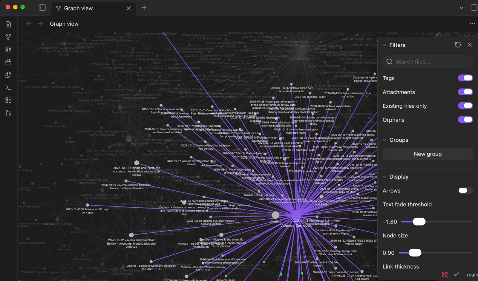 Obsidian graph view of the Graphify second brain, with notes radiating from the Violema dashboard across linked decisions, agent runs, and project documents.