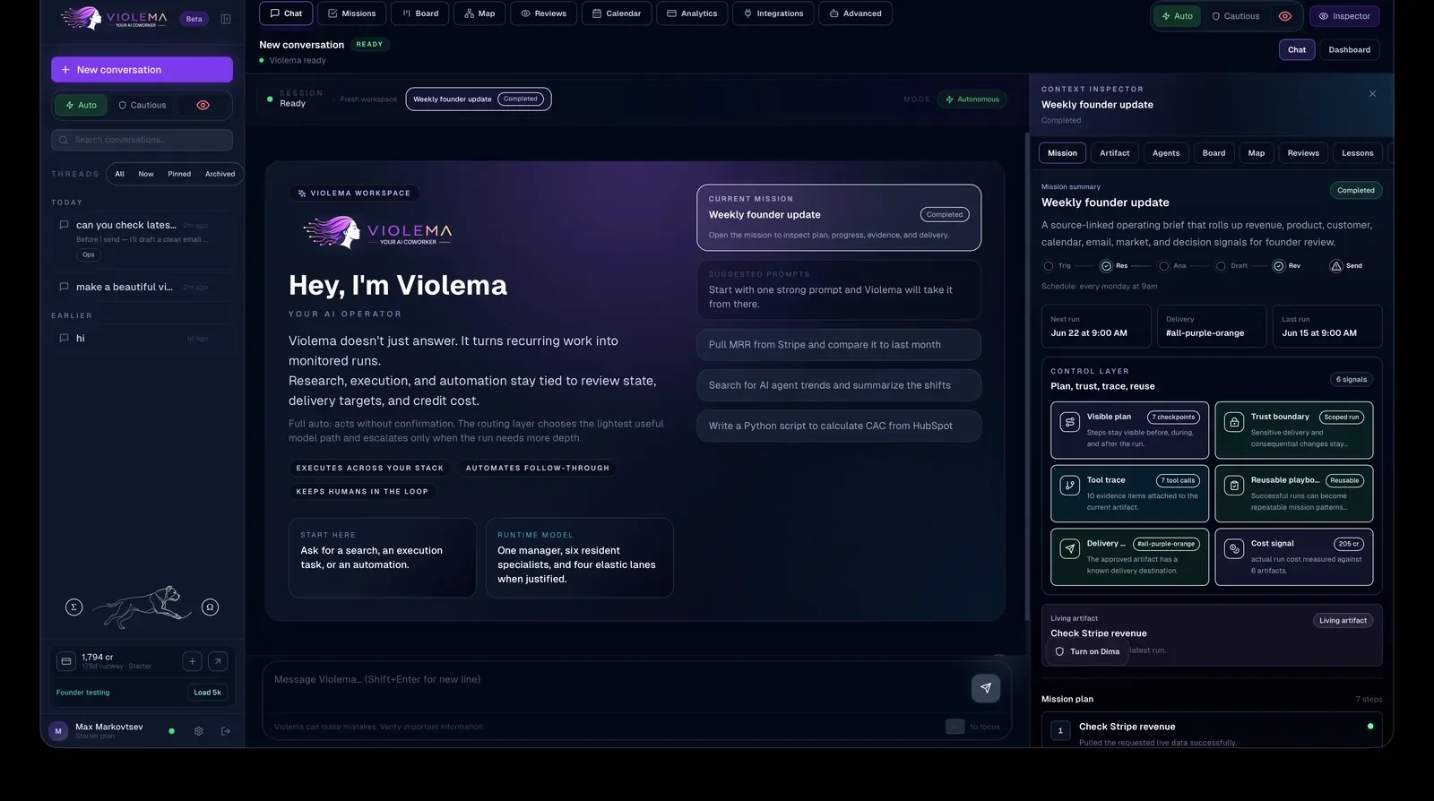 Purple Orange Agent workspace showing a founder update and its review context