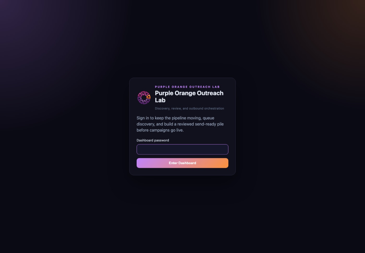 Purple Orange Outreach Lab dashboard sign-in screen.